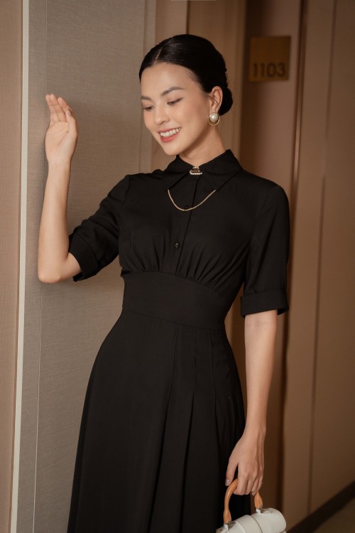 Sixdo Black Short Sleeves Midi Woven Dress